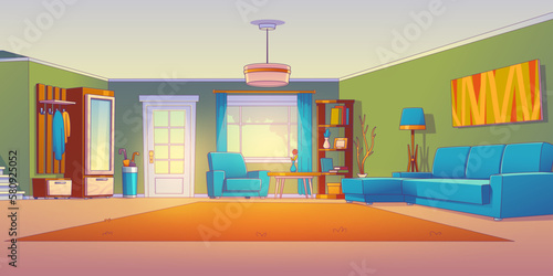 Living room vector cartoon home interior design. House hallway with stair to second floor. Indoor modern table, sofa and mirror furniture near staircase. Inside bright home lobby view scene.