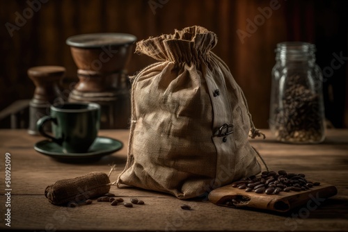 On the wooden kitchen table, there is ground coffee in a burlap bag. taking a break for coffee. Generative AI