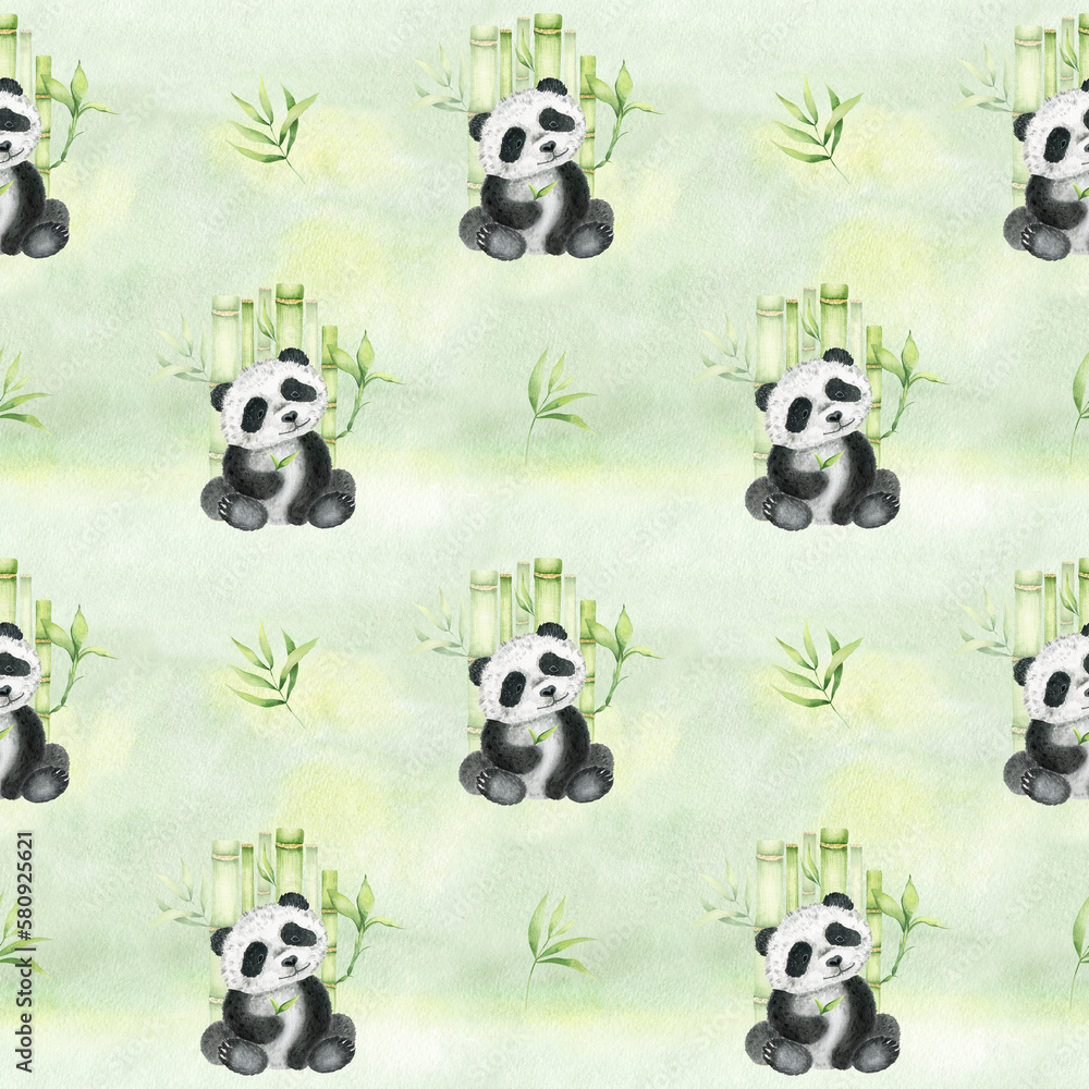 Obraz premium Cute sitting panda holding a bamboo leaf, bamboo leaves. Seamless pattern on a watercolor green background. Asian culture. For textiles, packaging, wallpaper, postcards.
