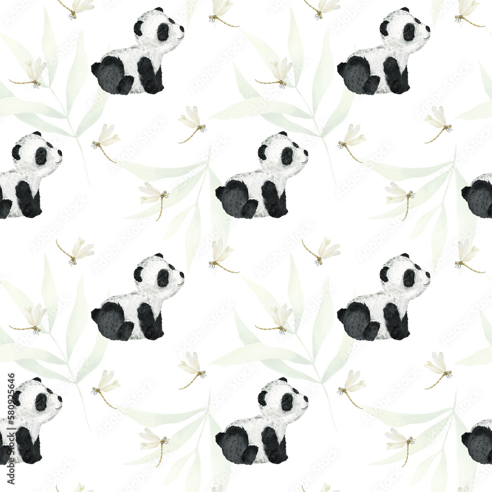 Naklejka premium Cute sitting panda, dragonflys, bamboo leaves. Watercolor seamless pattern on a white background. Children's tropical drawing of a cute panda. For textiles, packaging, wallpaper, postcards.