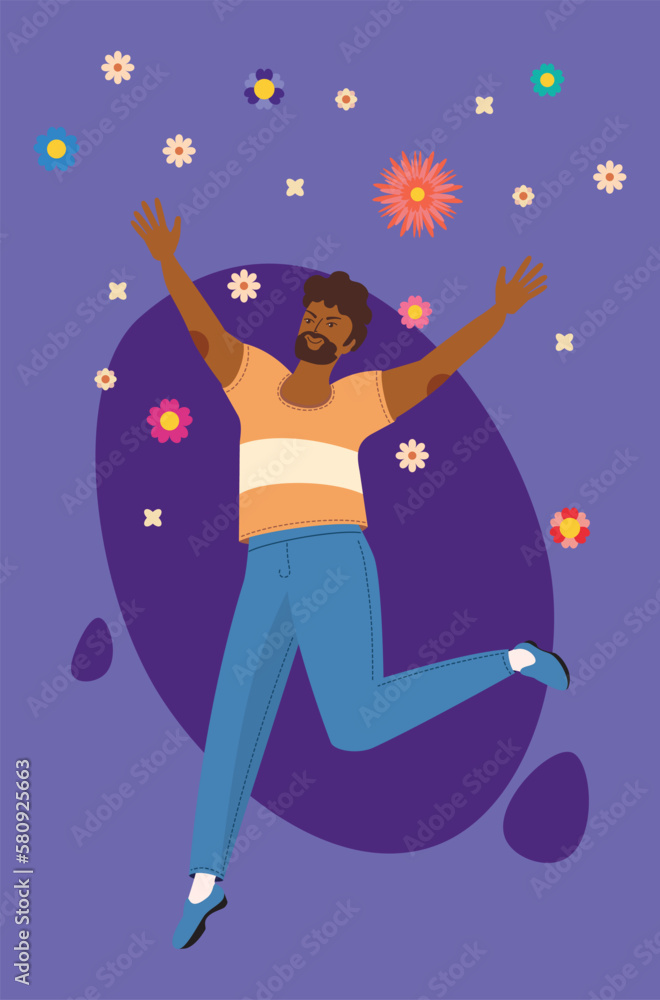 Man jump with flowers