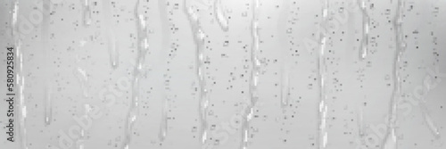 Realistic rain shower drops down vector background. 3d water flow on window glass pattern. Raindrop stream on waterproof surface effect illustration template. Moisture streaks clear aqua backdrop.
