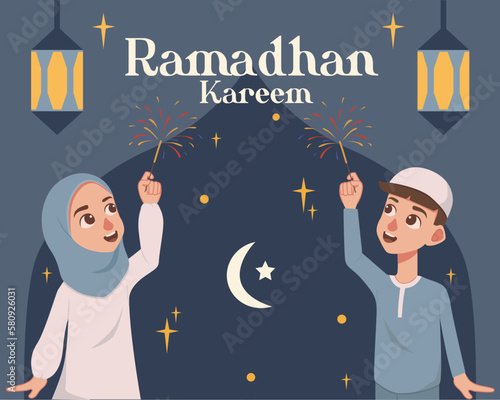 Ramadan greeting card. Cute cartoon muslim kid holding firework on dark blue background and two lanterns. Vector illustration. Kareem Ramadhan means Month of Ramadan.