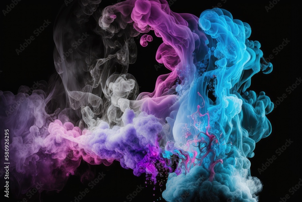 Vape smoke in shades of blue, pink, and purple on a black backdrop. Generative AI
