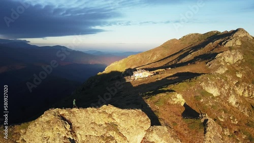 Sunset Illuminated Stara Planina Old Mountains With Eho Hut In Bulgaria. Aerial Drone Shot photo