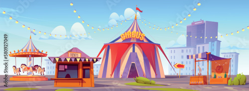 Carnival fun fair, amusement park with circus tent, carousel and shooting game booth. Summer city landscape with funfair and ticket kiosk, vector cartoon illustration