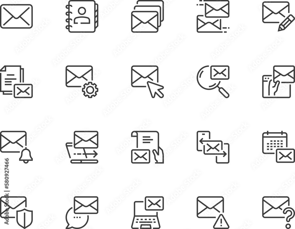 Sending mail messages. Email, newsletter, spam, address book, postal envelope. Vector Line Icons Set. Editable Stroke. Pixel Perfect. Sending mail messages. Email, newsletter, spam, address book, postal envelope. Vector Line Icons Set. Editable Stroke. Pixel Perfect.