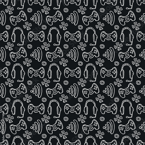 Seamless gaming pattern. Background with gamepad monitor  keyboard  computer mouse  headphones