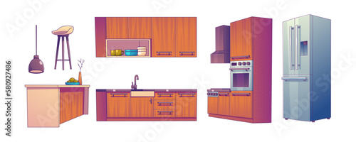 Kitchen room interior with tables, fridge, stove and cupboards. Furniture and appliances for cooking, wooden counters, sink, oven, stool and refrigerator, vector illustration in contemporary style