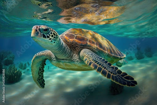Swimmable green sea turtle in the Caribbean. Generative AI © AkuAku