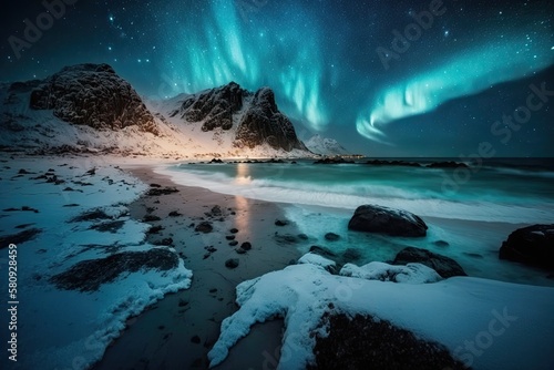 On the night sky  Northern Lights. Aurora Borealis over the Lofoten Islands  Skagsanden beach. Norway s north. the starry sky of winter. Generative AI