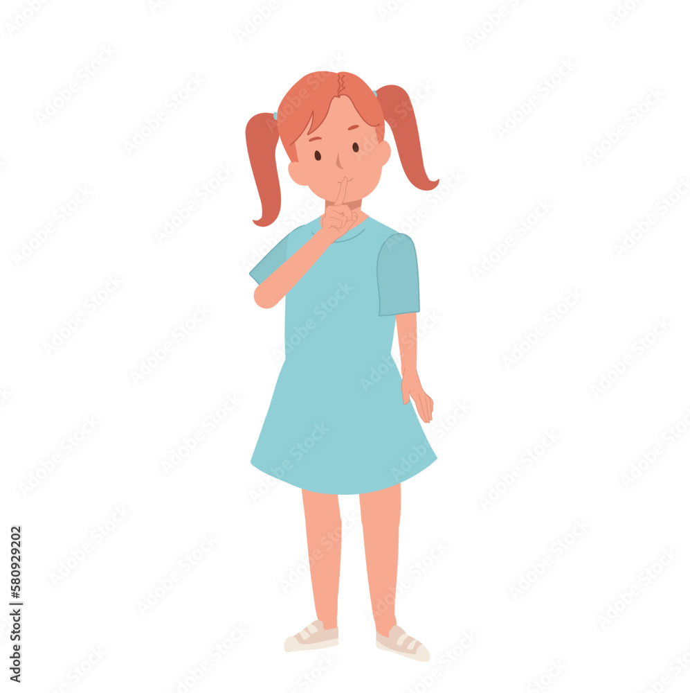 Little girl silence gesture, cute child. cute little girl show close mouth with finger pose. Flat cartoon vector illustration Little girl silence gesture, cute child. cute little girl show close mouth with finger pose. Flat cartoon vector illustration