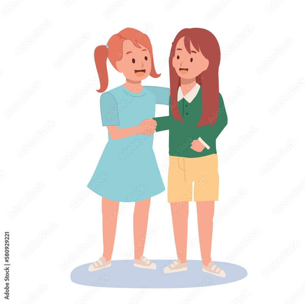 Children handshake concept. Cute happy kid doing hand shake with friend. Flat vector cartoon illustration Children handshake concept. Cute happy kid doing hand shake with friend. Flat vector cartoon illustration