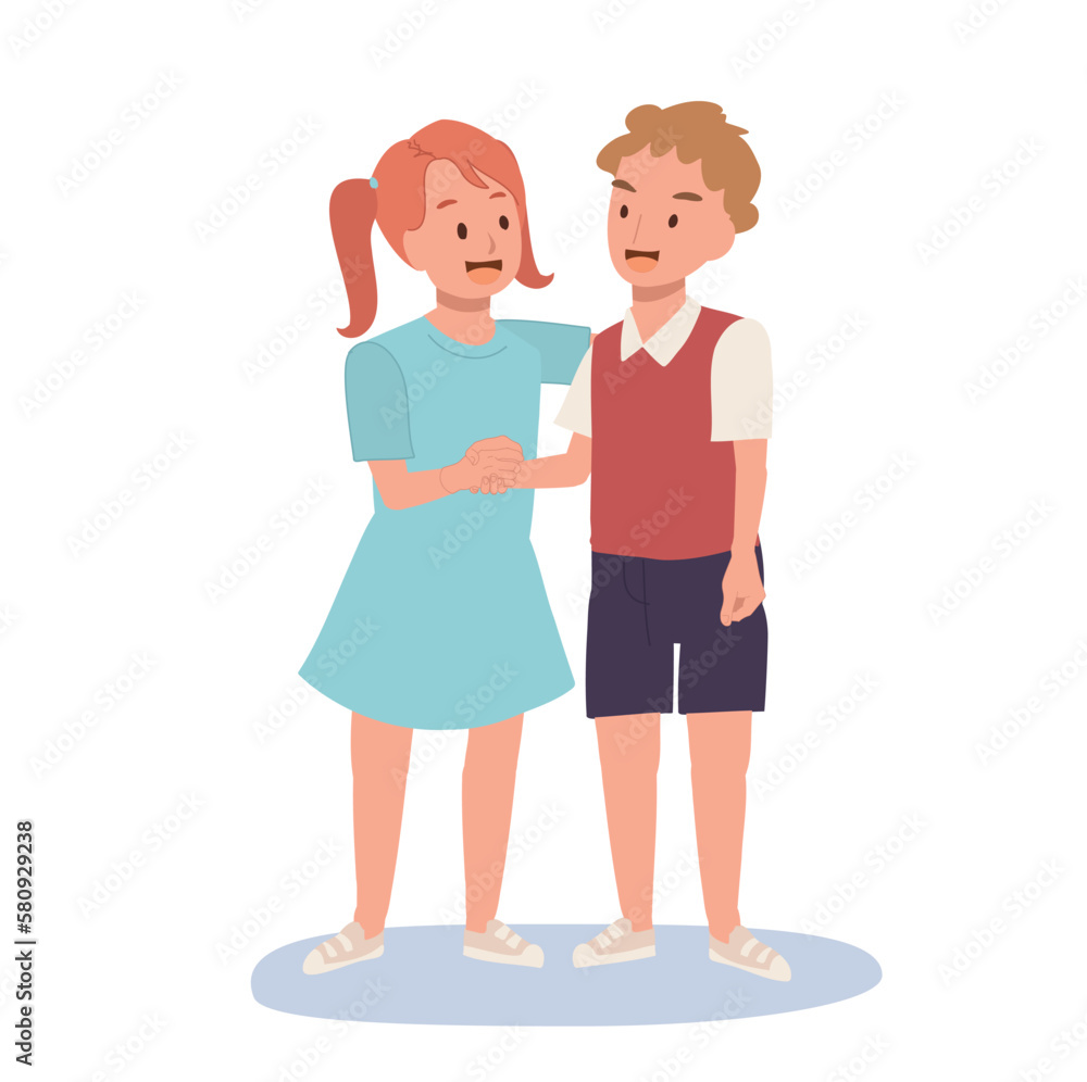 Children handshake concept. Cute happy kid doing hand shake with friend. Flat vector cartoon illustration Children handshake concept. Cute happy kid doing hand shake with friend. Flat vector cartoon illustration