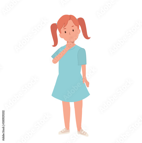 Little girl silence gesture, cute child. cute little girl show close mouth with finger pose. Flat cartoon vector illustration