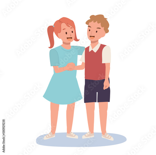 Children handshake concept. Cute happy kid doing hand shake with friend. Flat vector cartoon illustration