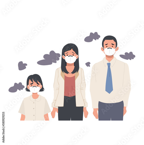 Family wearing masks on their faces because of smoke pollution, people protecting health from city pollution, Flat cartoon vector illustration