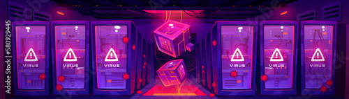 Virus alert in room with server hardware. Vector cartoon illustration of red data center room interior design, system error warning and bugs. Information security failure, hosting equipment emergency