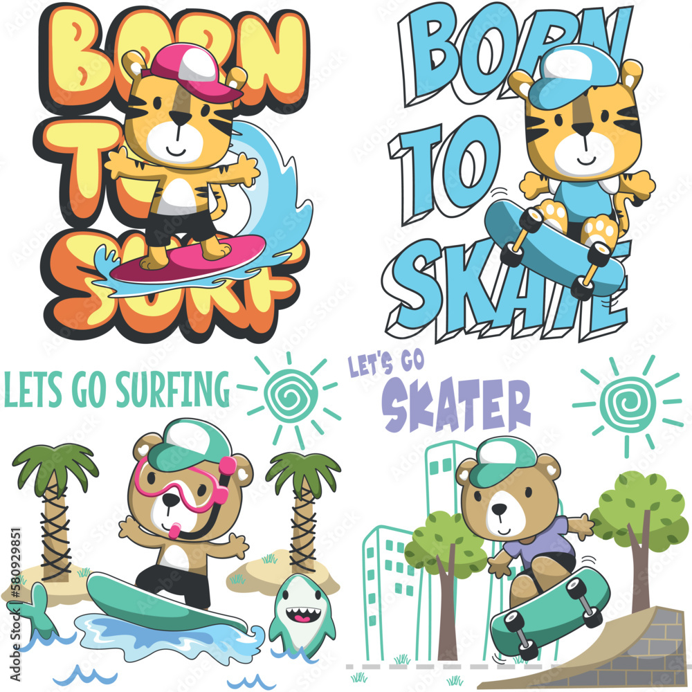 Fototapeta premium Set of cartoon kid animal activity. Tiger and bear surfer and skateboarder. Cartoon Isolated objects on white background. Concept for children print.