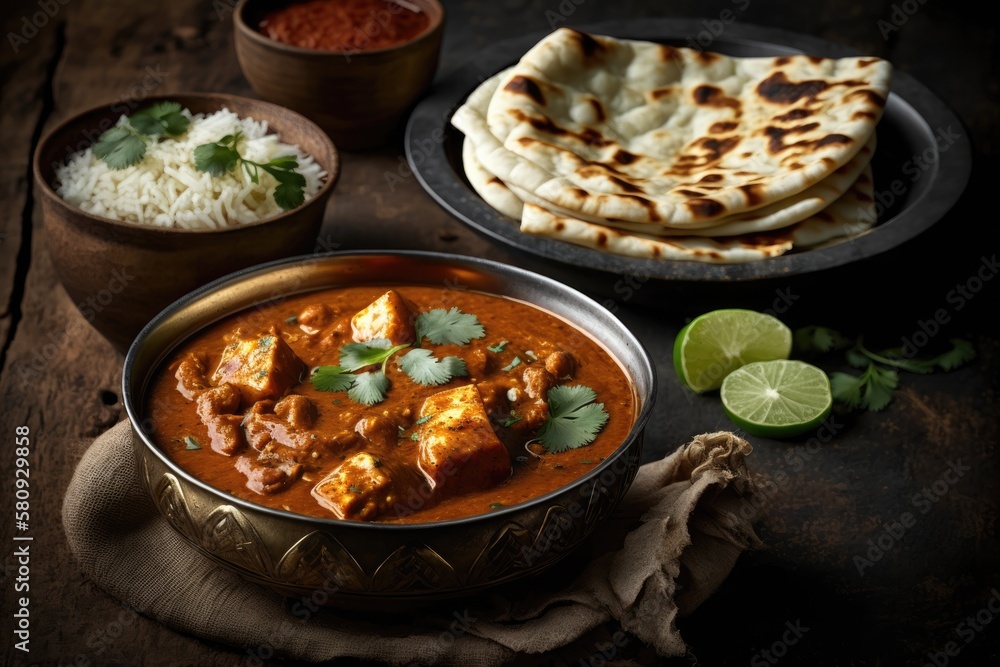 Popular North Indian lunch or dinner fare, Paneer Butter Masala or Cheese Cottage Curry, is served with Indian paratha, roti, or naan on a dark hardwood backdrop. Generative AI