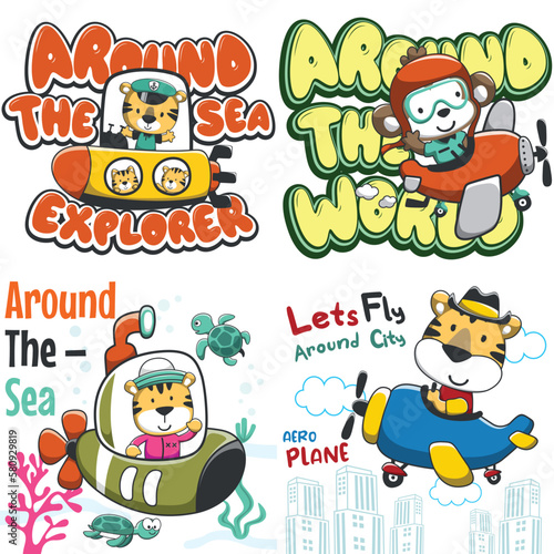 Set of cartoon kid animal activity. monkey and tiger pilot flying on a plane. cute tiger sailing with submarine Isolated objects on white background. Concept for children print.