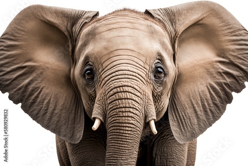Elephant in closeup, trunk up, mouth open. alone on white. Generative AI