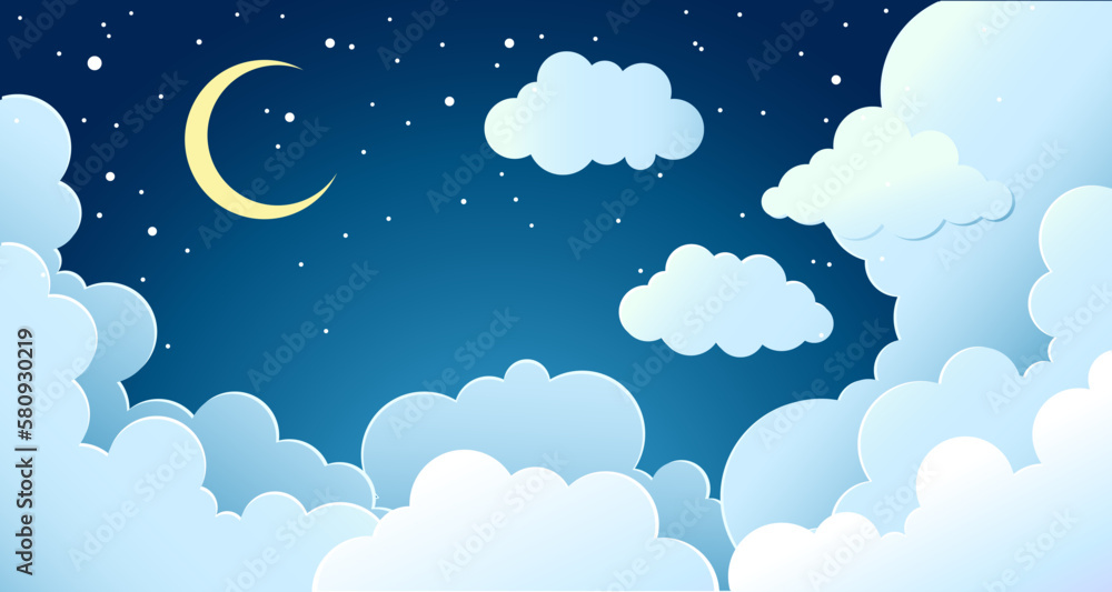White fluffy clouds and moon among stars in the night sky White fluffy clouds and moon among stars in the night sky