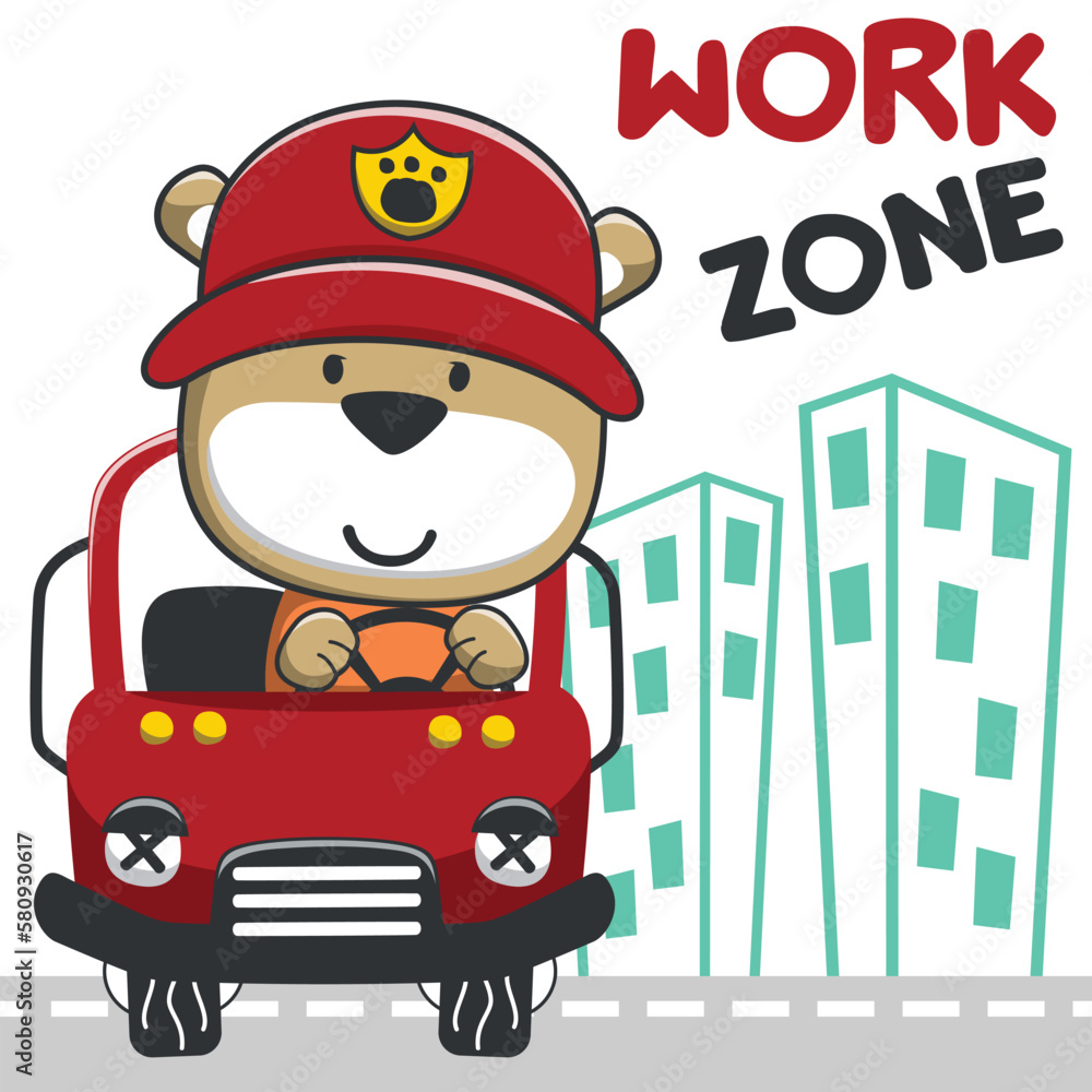 Vector illustration of funny lion firefighter on fire truck. Creative vector childish background for fabric, textile, nursery wallpaper, card, poster and other decoration Vector illustration of funny lion firefighter on fire truck. Creative vector childish background for fabric, textile, nursery wallpaper, card, poster and other decoration