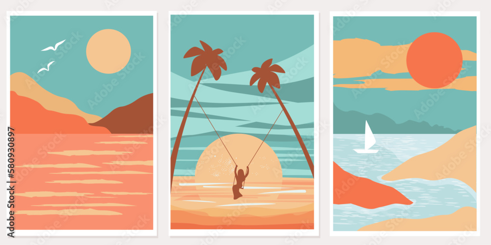 Set of abstract modern summer posters with the image of the ocean, boats on the background of the sun, sunset. Girl on a swing, silhouettes of palm trees, sunset. Vector graphics. - obrazy, fototapety, plakaty 