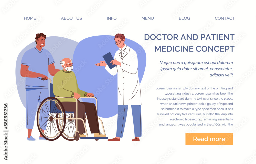 Male nurse, paramedic helping old man in wheelchair at doctor's appointment Concept of specialized medical care for elderly, disabled. Nursing home, hospital Template, landing page Vector illustration