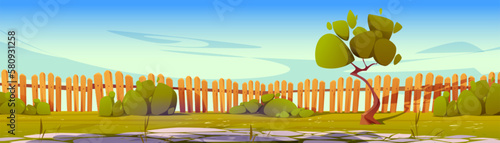 Summer backyard garden with wooden fence vector illustration. Emptyl back yard with stone paved ground and green bush. Countryside exterior with walkway area. Village lawn with barrier