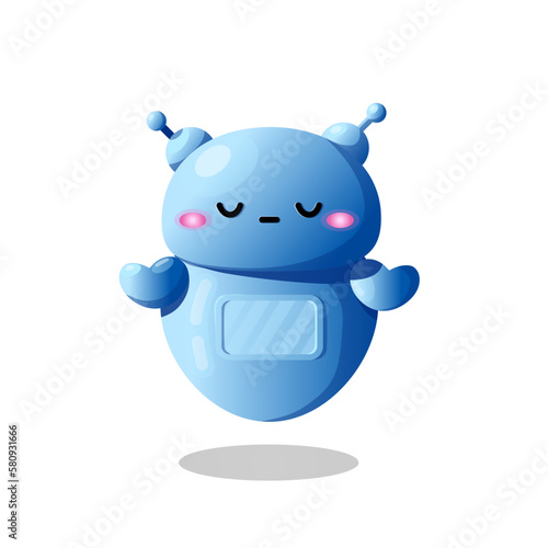 Cute blue cyborg in meditation. Vector robot in loading process. Arteficial intelligence virtual chat bot. Modern assistant in communication service. Futuristic mascot photo