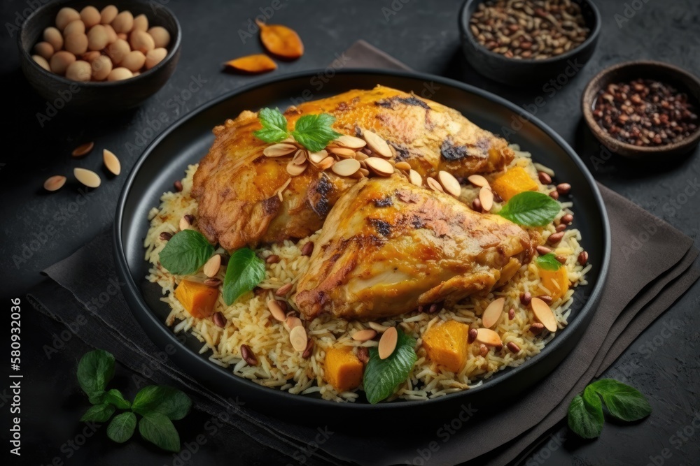 The national Saudi Arabian dish chicken kabsa with roasted chicken quarter and almonds, raisins, garlic on a black plate on a dark concrete background, horizontal orientation, close up. Generative AI The national Saudi Arabian dish chicken kabsa with roasted chicken quarter and almonds, raisins, garlic on a black plate on a dark concrete background, horizontal orientation, close up. Generative AI