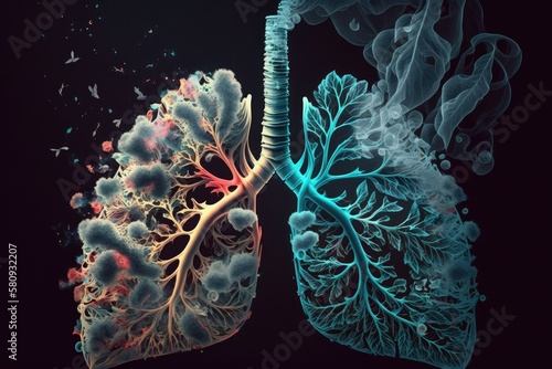 Smoking and the lungs Using illustration elements, a medical notion is presented as a lit cigarette with the ashes resembling the human respiratory system as a risk factor for nicotine addiction and s