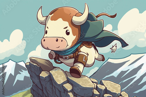 Extremely cute little Anthropomorphic mountain climber cow, cel shaded game graphics Generative AI