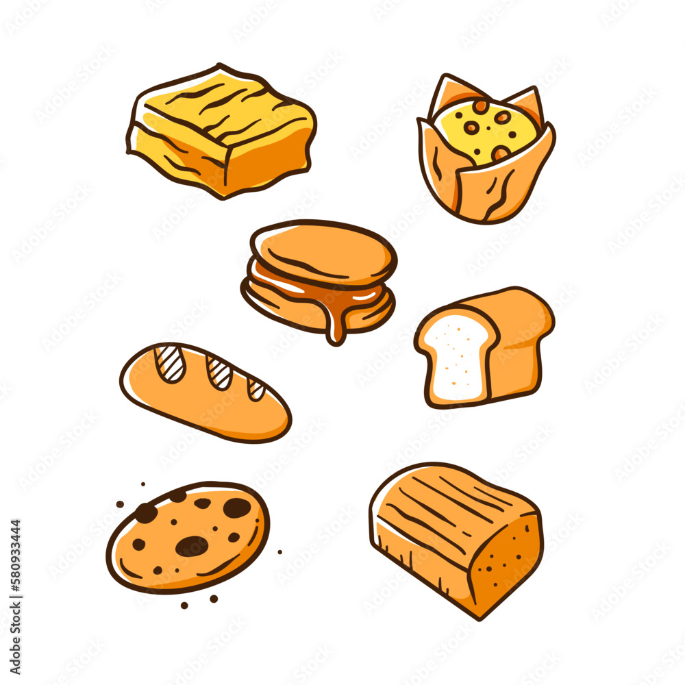 set of kinds of bread and cookies hand drawn