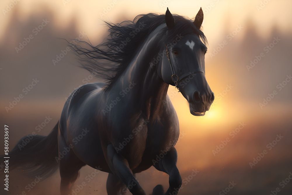 a black horse from the front running in a field with, blurred sunset background. photorealism