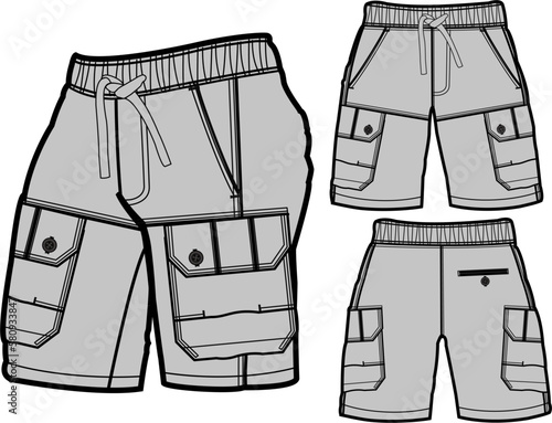 short fashion flat sketch template, Bermuda Shorts Template, Vector Illustration of pant, Men's fashion shorts front and back view