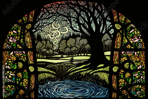 The Psychedelic Swamp by Stanley Donwood, stained glass, Generative AI photo