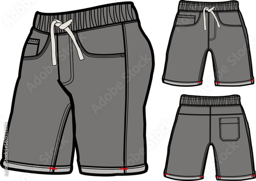 short fashion flat sketch template, Bermuda Shorts Template, Vector Illustration of pant, Men's fashion shorts front and back view
