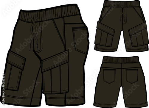 short fashion flat sketch template, Bermuda Shorts Template, Vector Illustration of pant, Men's fashion shorts front and back view