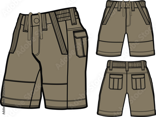 short fashion flat sketch template, Bermuda Shorts Template, Vector Illustration of pant, Men's fashion shorts front and back view