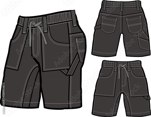 short fashion flat sketch template, Bermuda Shorts Template, Vector Illustration of pant, Men's fashion shorts front and back view