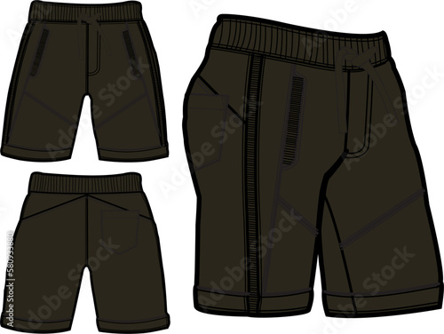 short fashion flat sketch template, Bermuda Shorts Template, Vector Illustration of pant, Men's fashion shorts front and back view