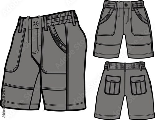 short fashion flat sketch template, Bermuda Shorts Template, Vector Illustration of pant, Men's fashion shorts front and back view