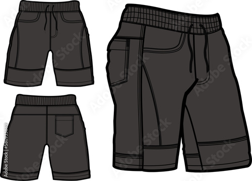 short fashion flat sketch template, Bermuda Shorts Template, Vector Illustration of pant, Men's fashion shorts front and back view