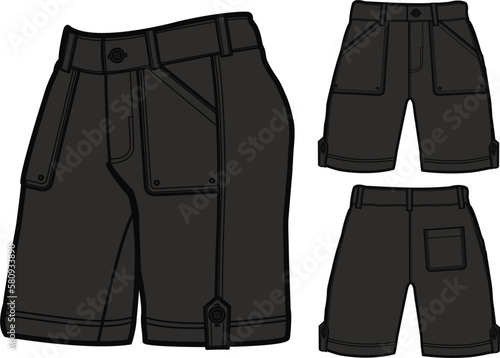 short fashion flat sketch template, Bermuda Shorts Template, Vector Illustration of pant, Men's fashion shorts front and back view