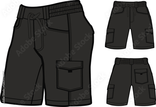 short fashion flat sketch template, Bermuda Shorts Template, Vector Illustration of pant, Men's fashion shorts front and back view