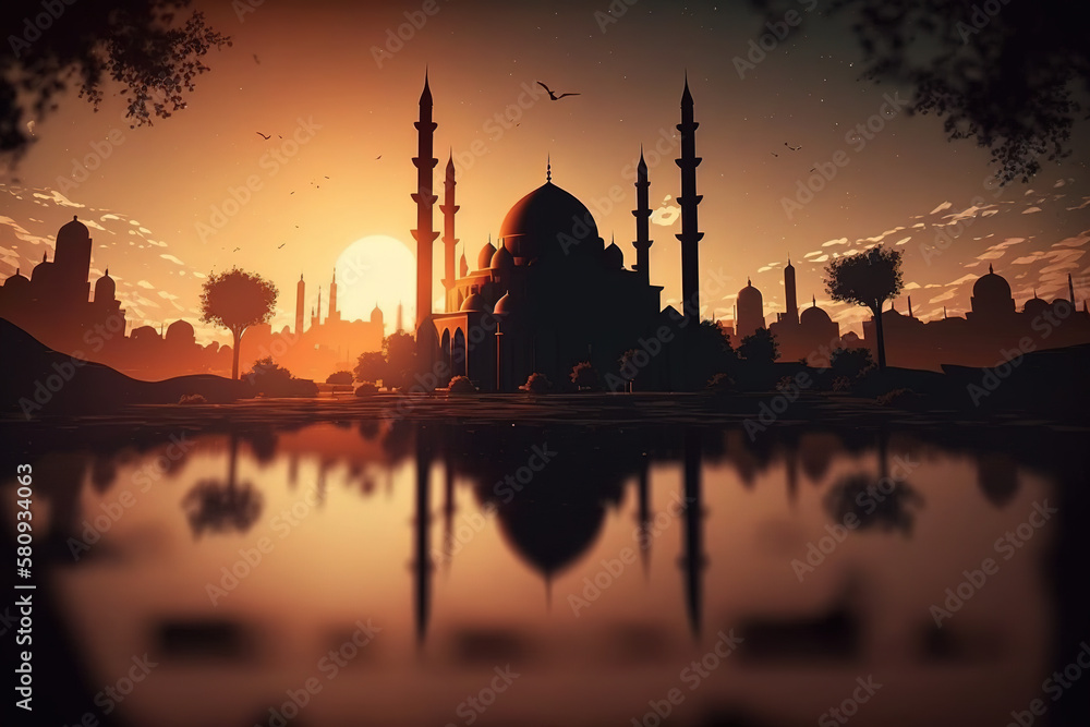 Islamic mosque silhouette, a cinematic picture. Generative AI