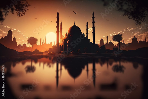 Islamic mosque silhouette, a cinematic picture. Generative AI